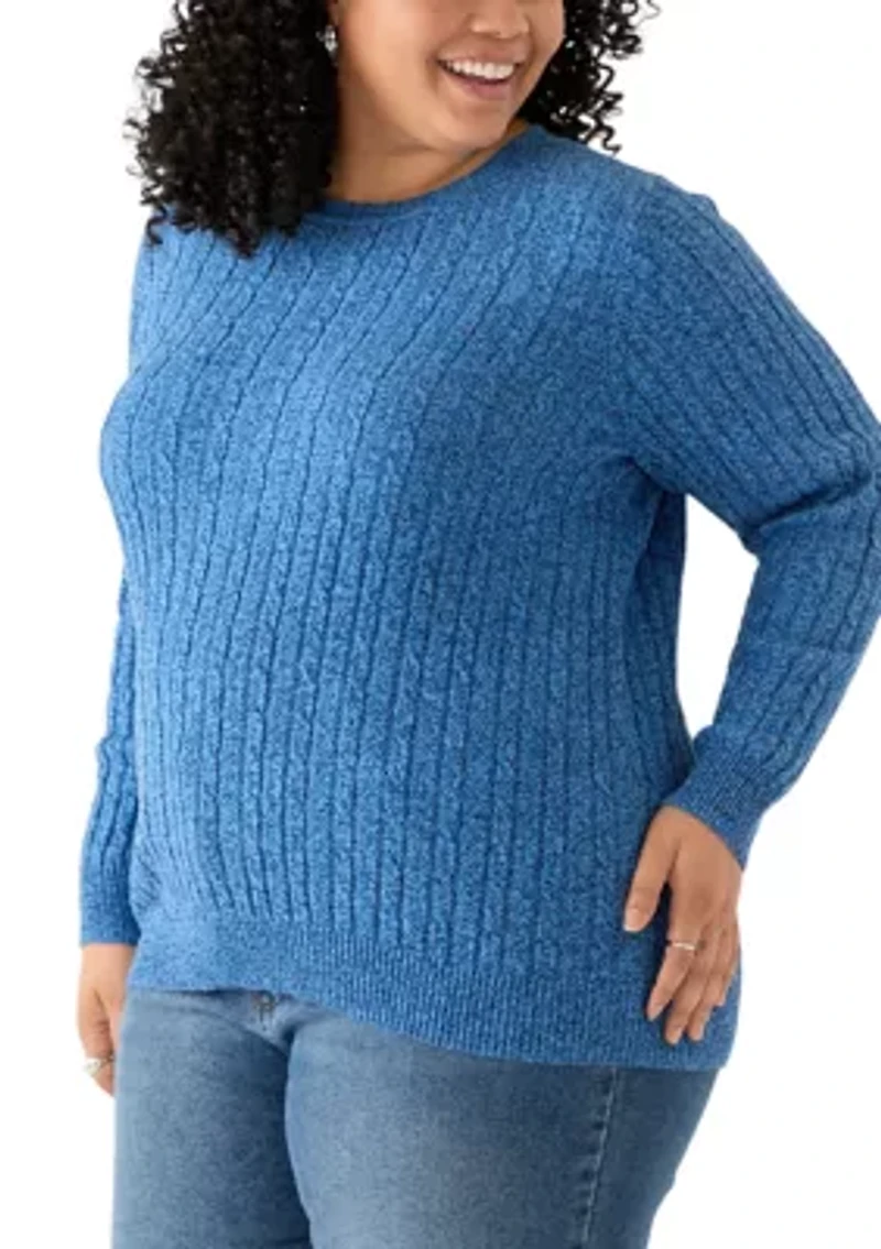 Plus Long Sleeve Cable Knit Crew Neck Marl Sweater