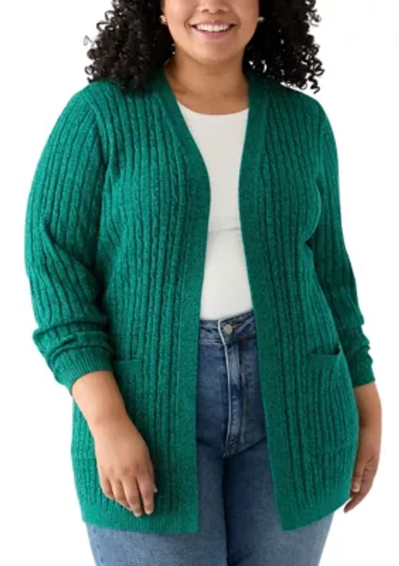 Plus Long Sleeve Cable Knit Marl Cardigan