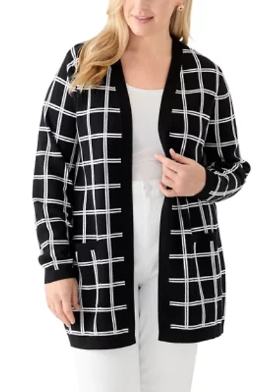 Plus Long Sleeve Jacquard Windowpane Cardigan