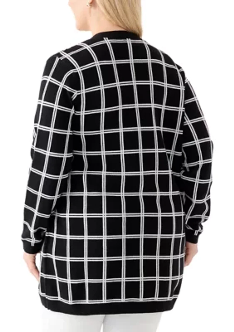 Plus Long Sleeve Jacquard Windowpane Cardigan