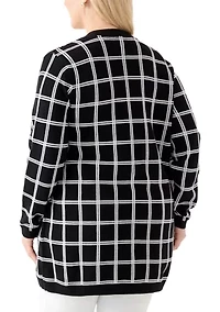 Plus Long Sleeve Jacquard Windowpane Cardigan