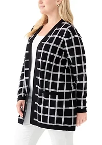 Plus Long Sleeve Jacquard Windowpane Cardigan