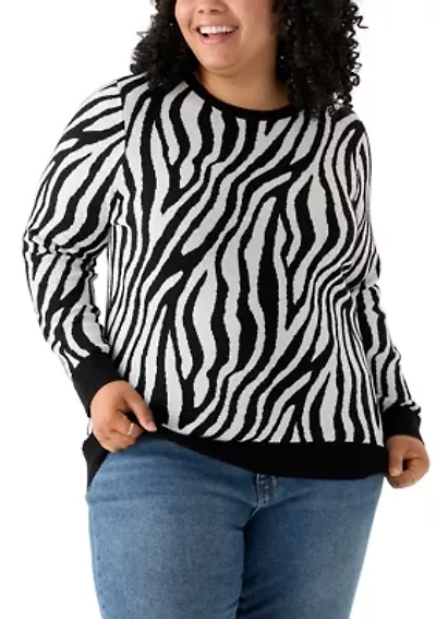 Plus Long Sleeve Crew Neck Zebra Print Jacquard Sweater
