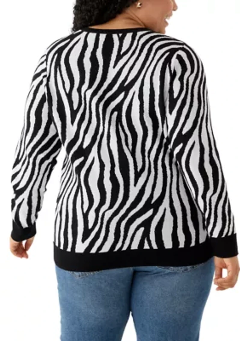 Plus Long Sleeve Crew Neck Zebra Print Jacquard Sweater