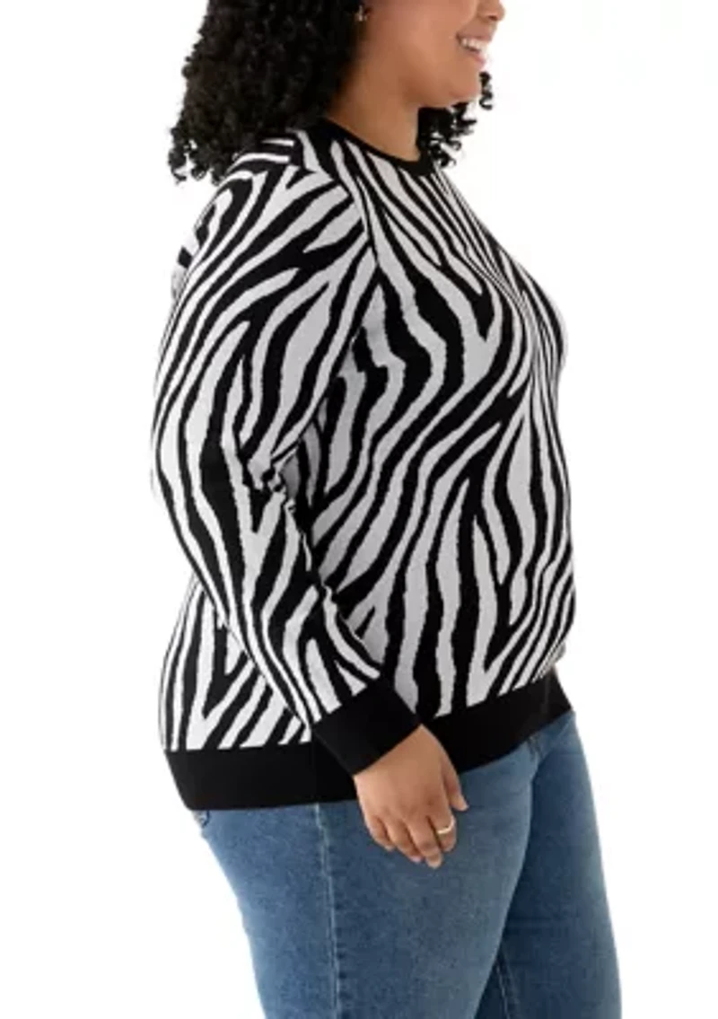 Plus Long Sleeve Crew Neck Zebra Print Jacquard Sweater