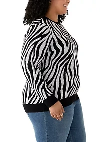 Plus Long Sleeve Crew Neck Zebra Print Jacquard Sweater
