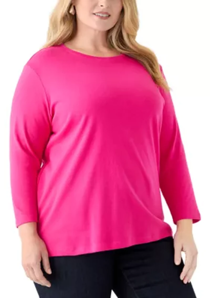 Plus 3/4 Sleeve Crew Neck Fashion Top