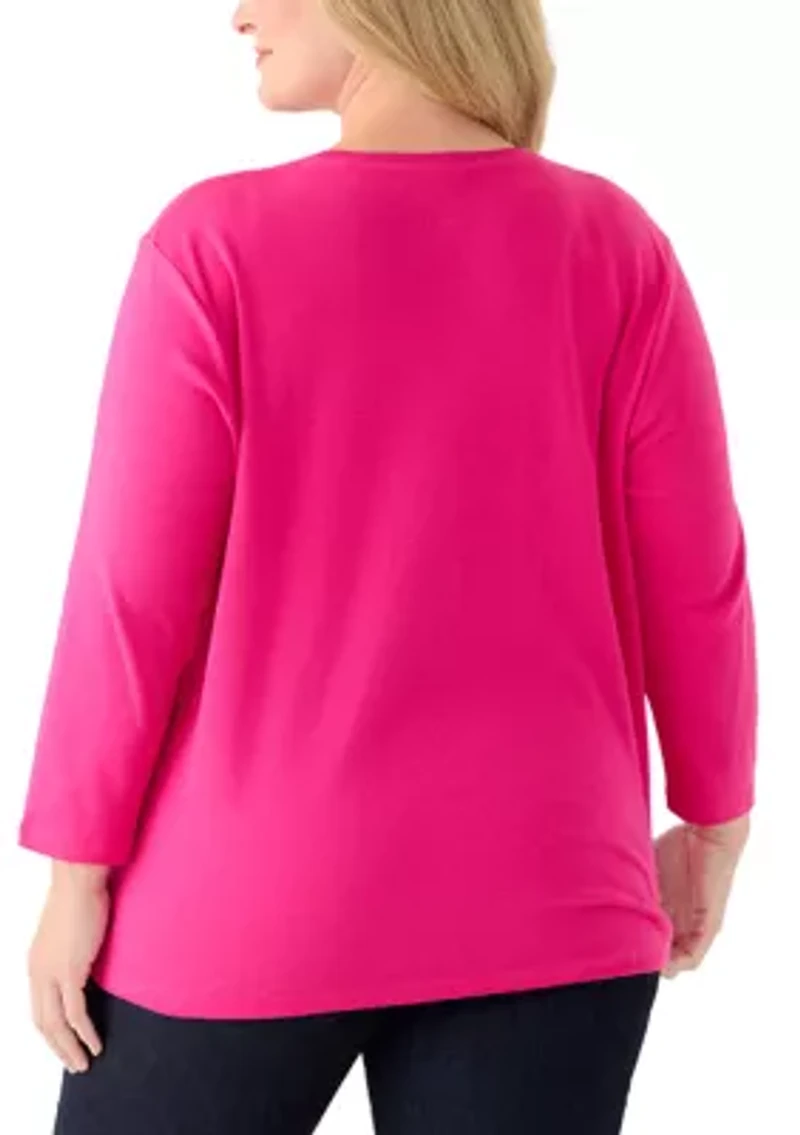 Plus 3/4 Sleeve Crew Neck Fashion Top