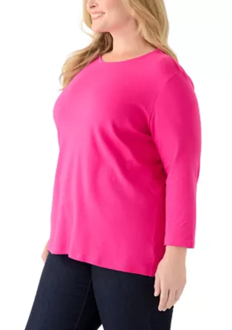 Plus 3/4 Sleeve Crew Neck Fashion Top