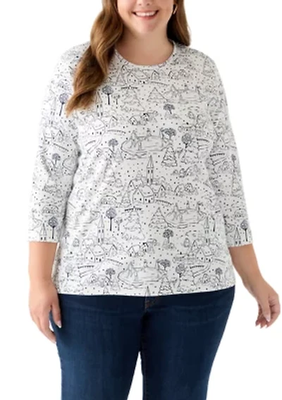 Plus 3/4 Sleeve Printed Shirt