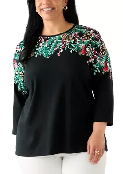 Plus Three-Quarter Sleeve Crew Neck Placement Print Top