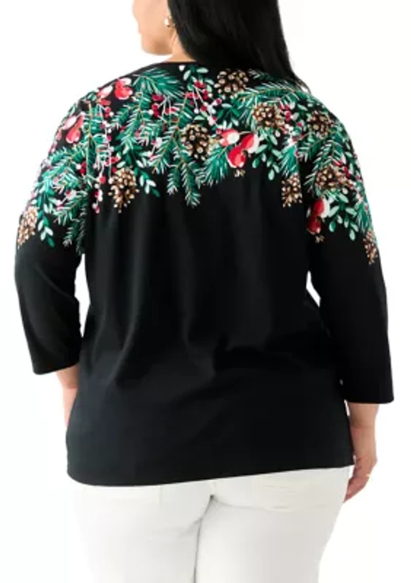 Plus Three-Quarter Sleeve Crew Neck Placement Print Top
