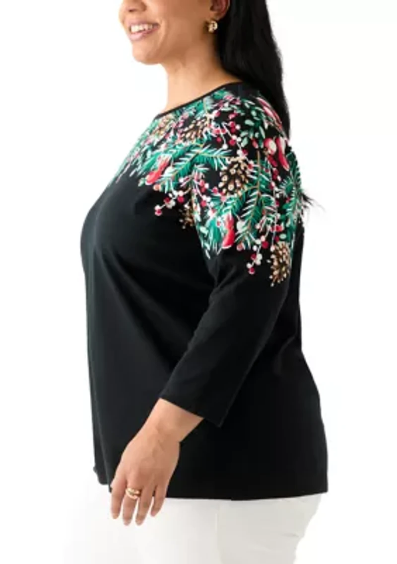 Plus Three-Quarter Sleeve Crew Neck Placement Print Top