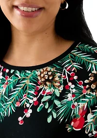 Plus Three-Quarter Sleeve Crew Neck Placement Print Top