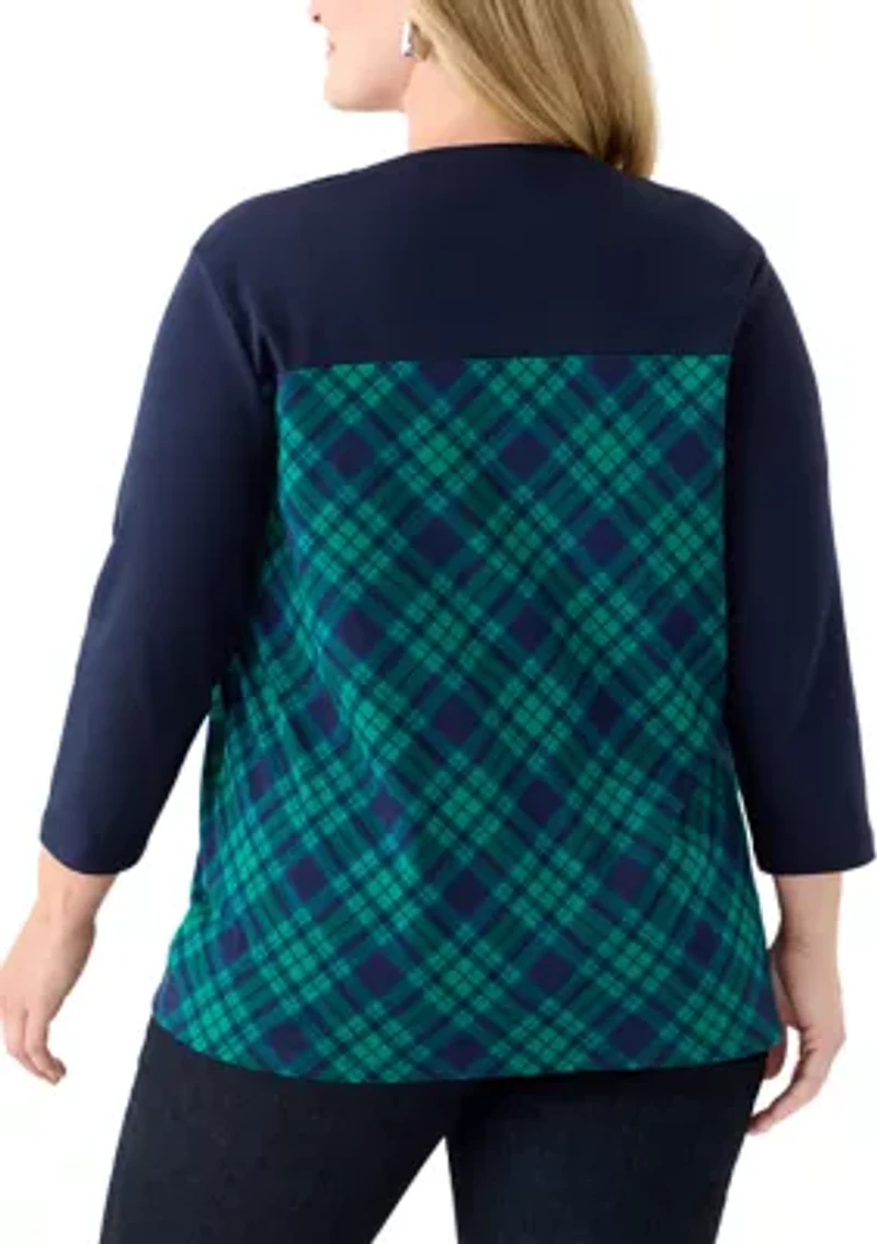 Plus 3/4 Sleeve Crew Neck Pieced Yoke T-Shirt