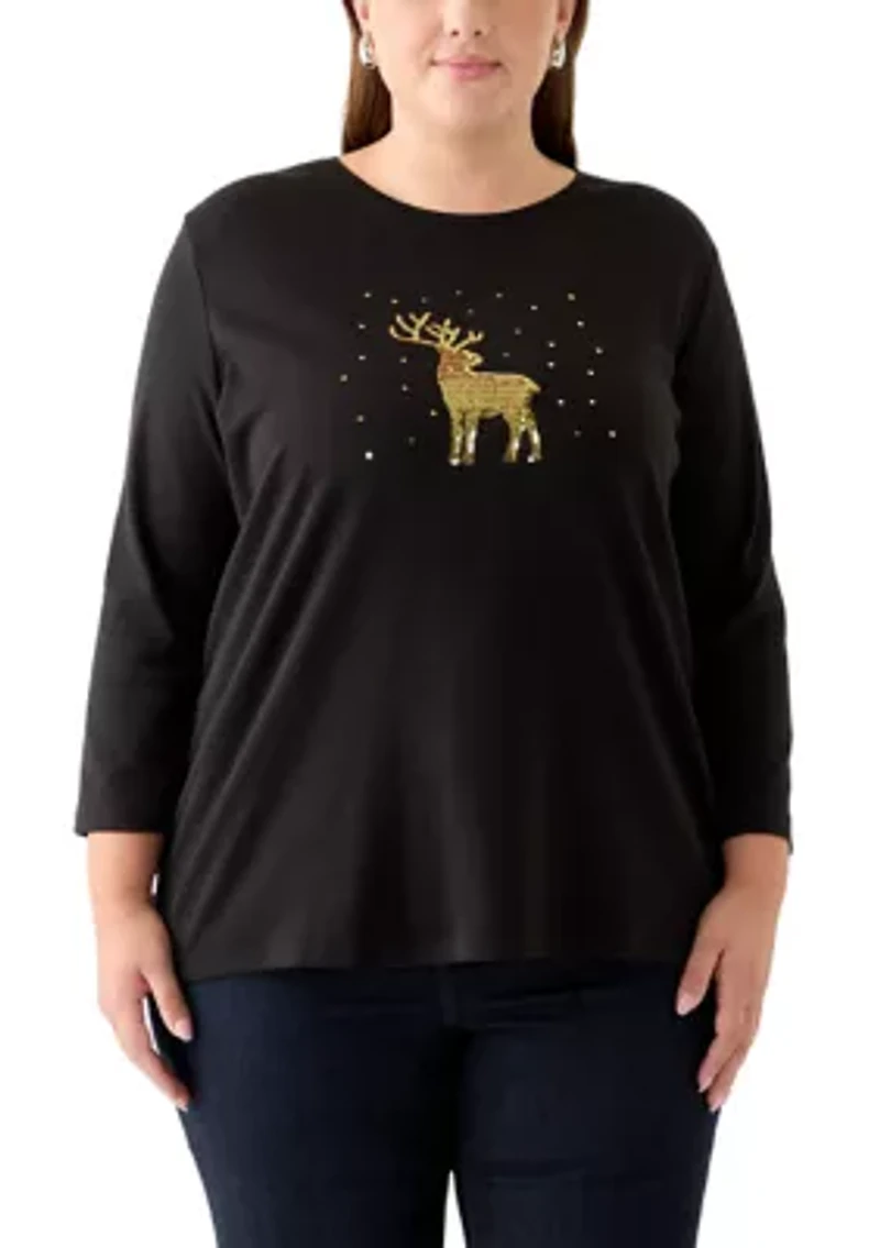 Plus Three-Quarter Sleeve Holiday Graphic T-Shirt