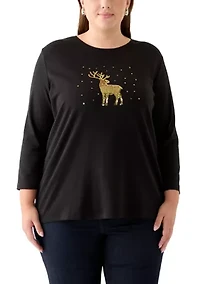 Plus Three-Quarter Sleeve Holiday Graphic T-Shirt