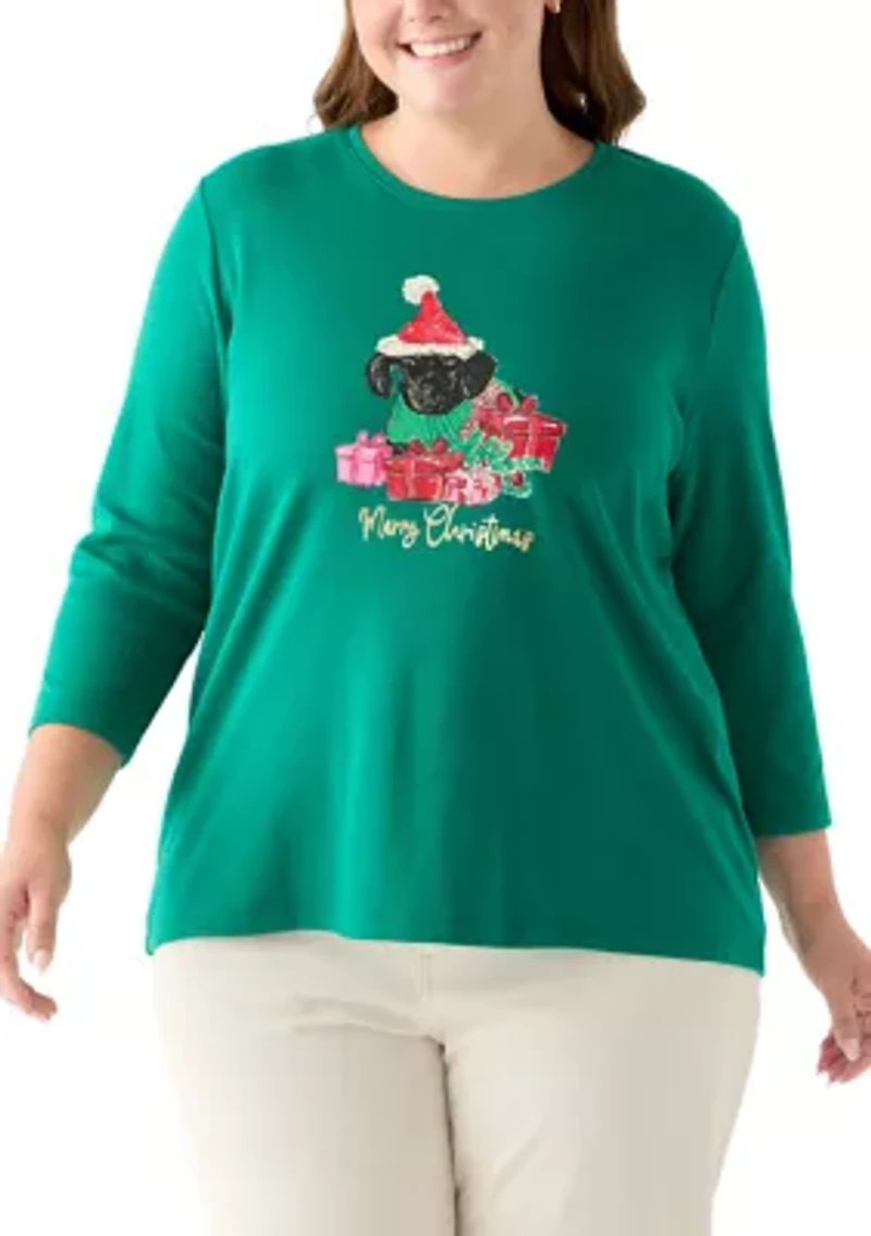 Plus Three-Quarter Sleeve Holiday Graphic T-Shirt