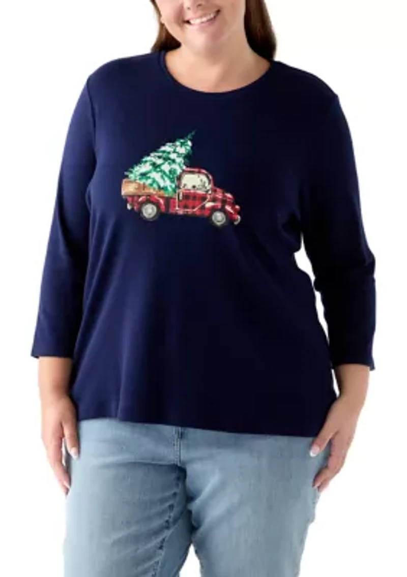 Plus Three-Quarter Sleeve Holiday Graphic T-Shirt