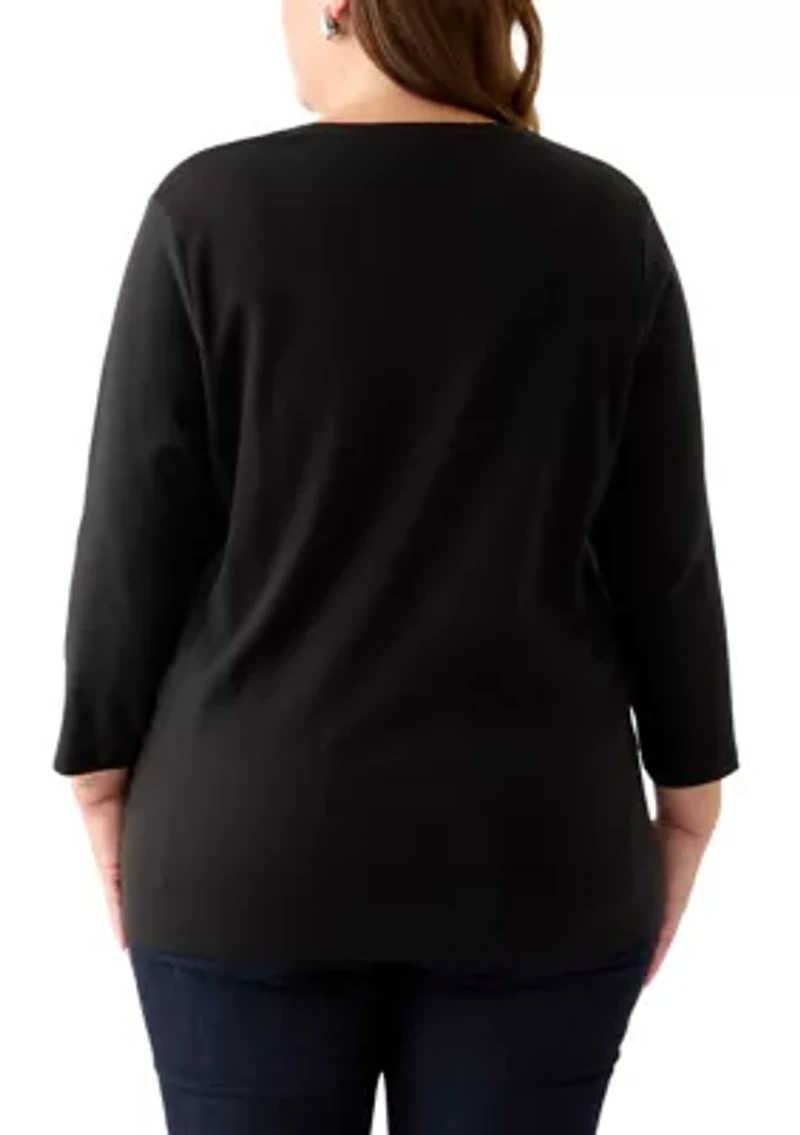 Plus Three-Quarter Sleeve Holiday Graphic T-Shirt