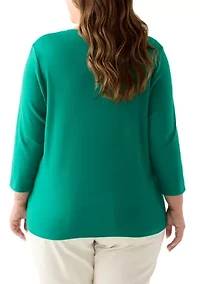 Plus Three-Quarter Sleeve Holiday Graphic T-Shirt