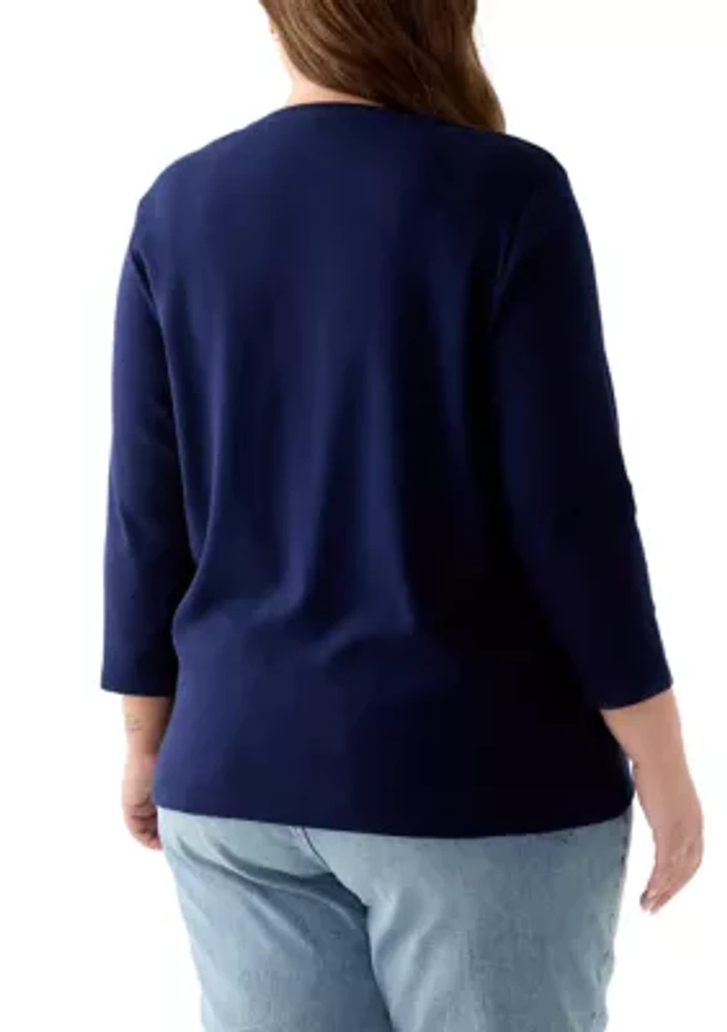 Plus Three-Quarter Sleeve Holiday Graphic T-Shirt