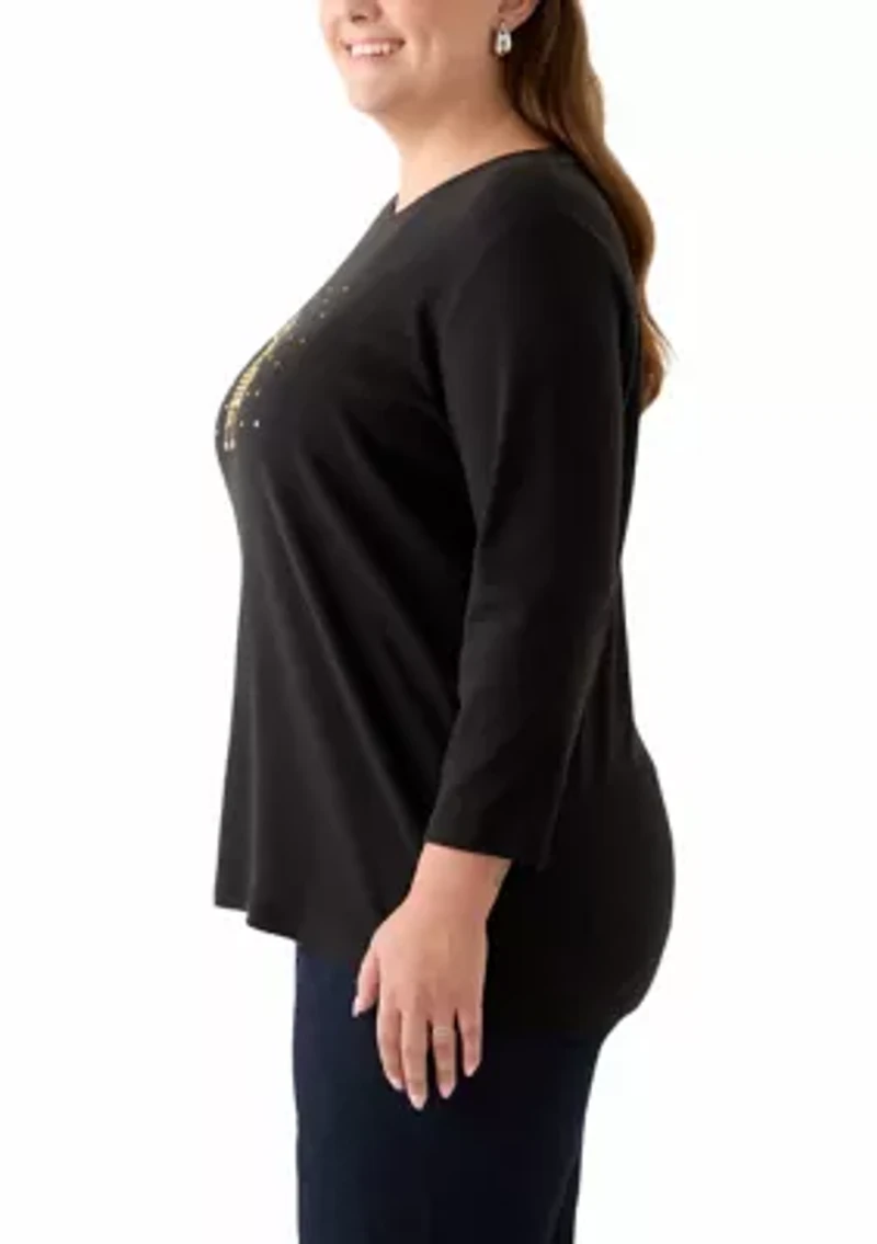 Plus Three-Quarter Sleeve Holiday Graphic T-Shirt
