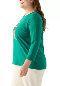 Plus Three-Quarter Sleeve Holiday Graphic T-Shirt