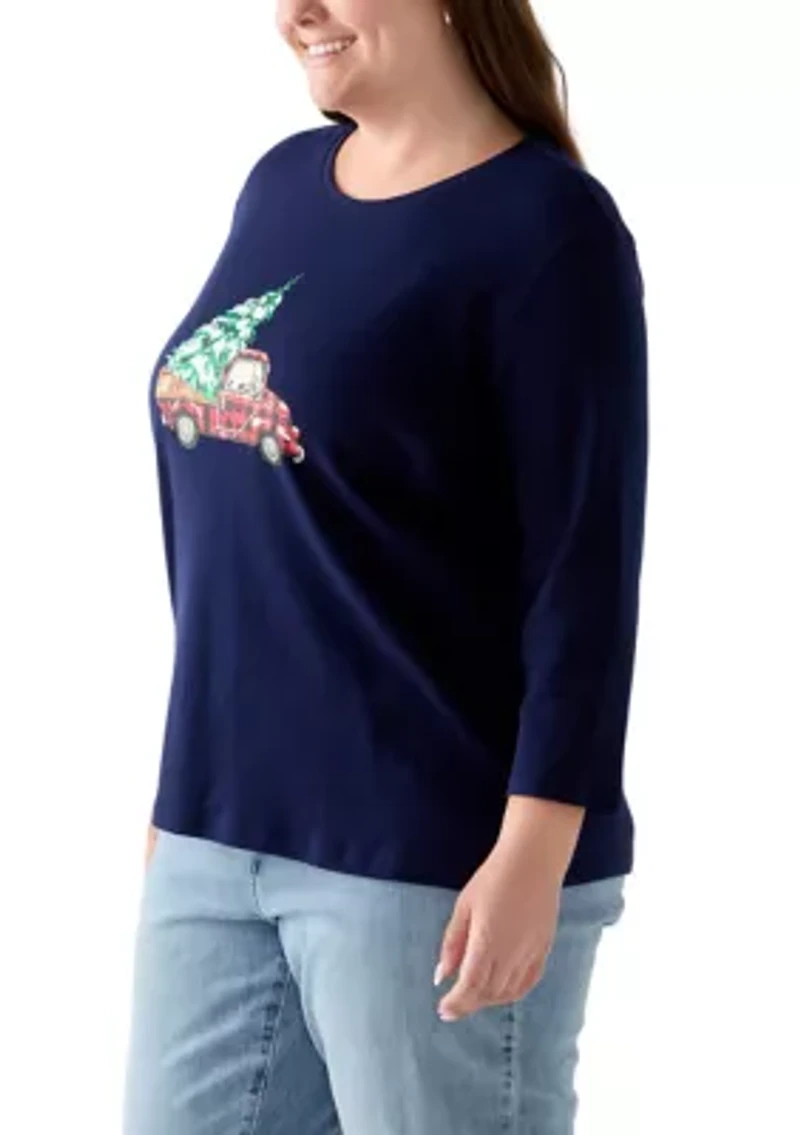 Plus Three-Quarter Sleeve Holiday Graphic T-Shirt