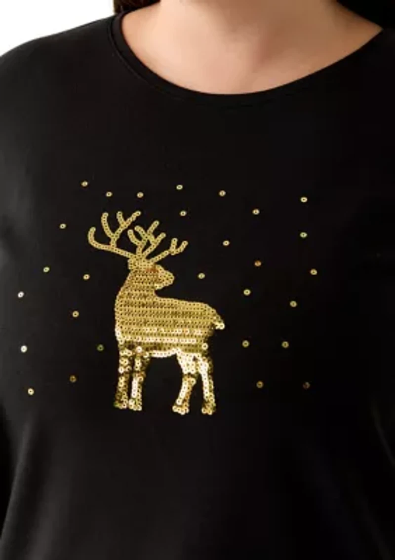 Plus Three-Quarter Sleeve Holiday Graphic T-Shirt