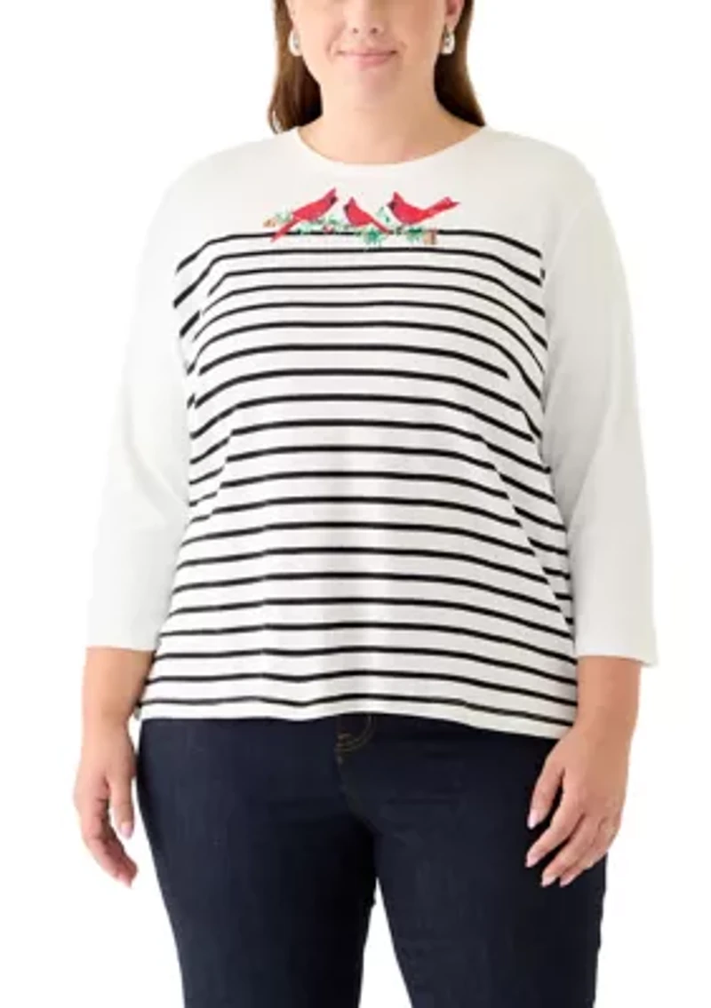 Plus Three-Quarter Sleeve Graphic Crew Neck