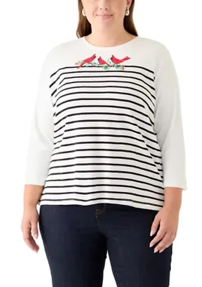 Plus Three-Quarter Sleeve Graphic Crew Neck