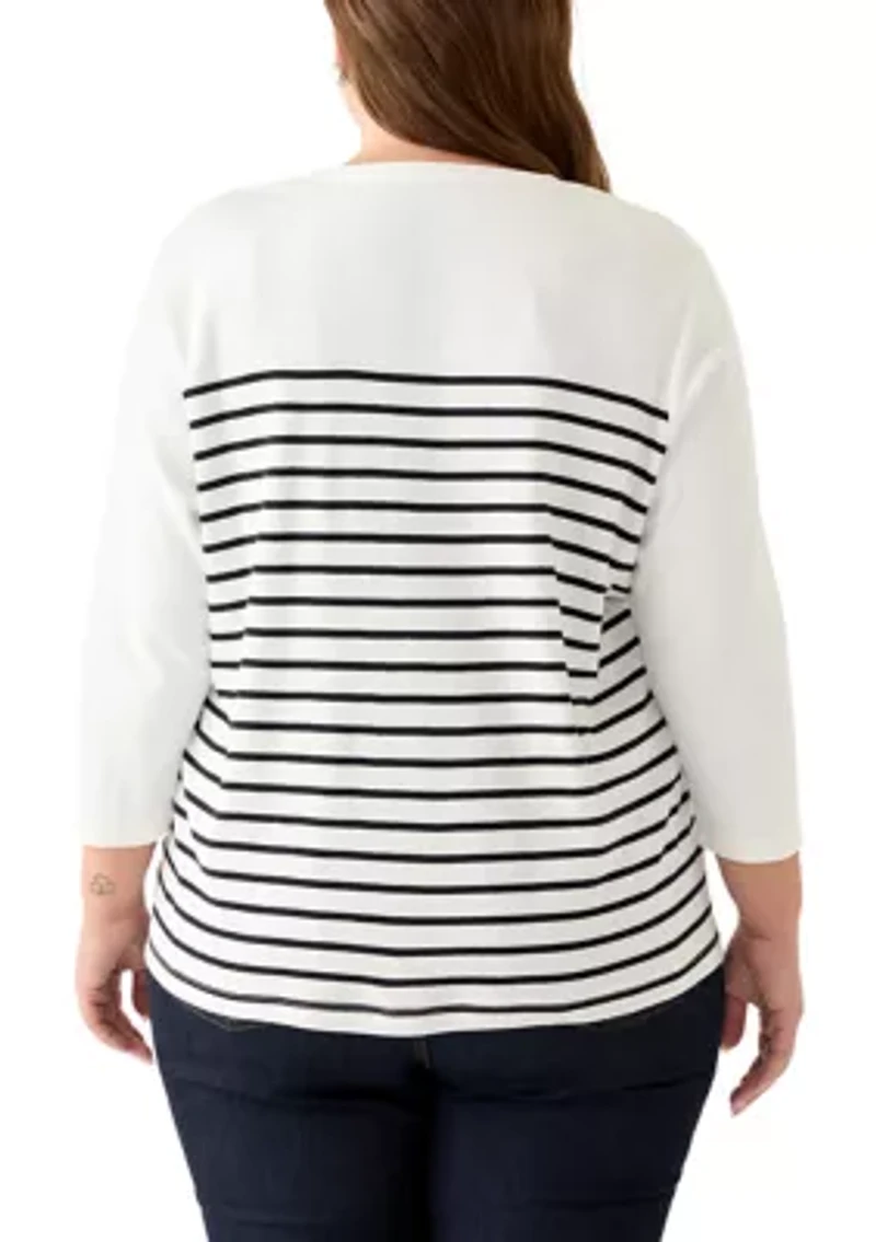Plus Three-Quarter Sleeve Graphic Crew Neck