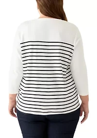 Plus Three-Quarter Sleeve Graphic Crew Neck