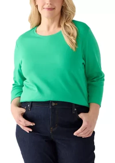 Plus 3/4 Sleeve Crew Neck Fashion Solid Shirt
