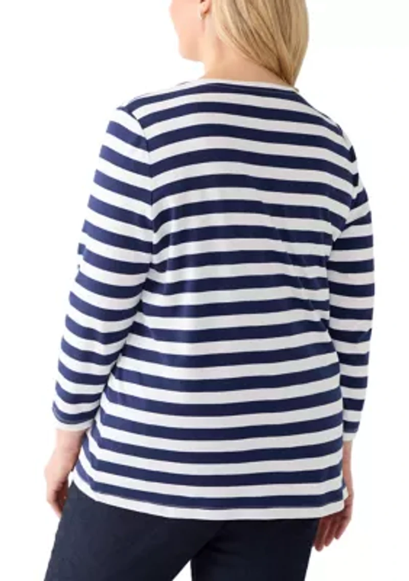 Plus 3/4 Sleeve Yarn Dyed Graphic T-Shirt