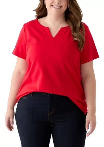 Plus Short Sleeve Split Neck Solid T-Shirt