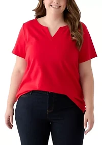 Plus Short Sleeve Split Neck Solid T-Shirt
