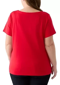 Plus Short Sleeve Split Neck Solid T-Shirt