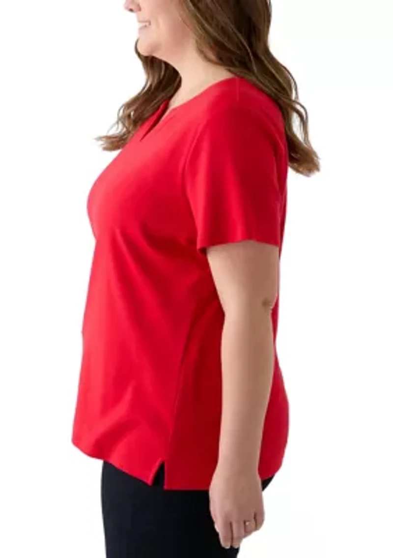 Plus Short Sleeve Split Neck Solid T-Shirt