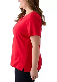 Plus Short Sleeve Split Neck Solid T-Shirt