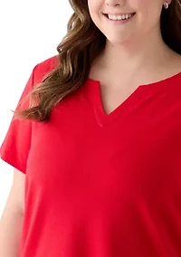 Plus Short Sleeve Split Neck Solid T-Shirt