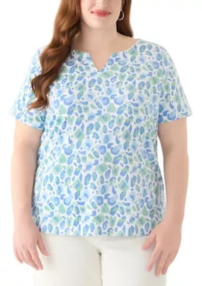 Plus Short Sleeve Split Neck Printed Top