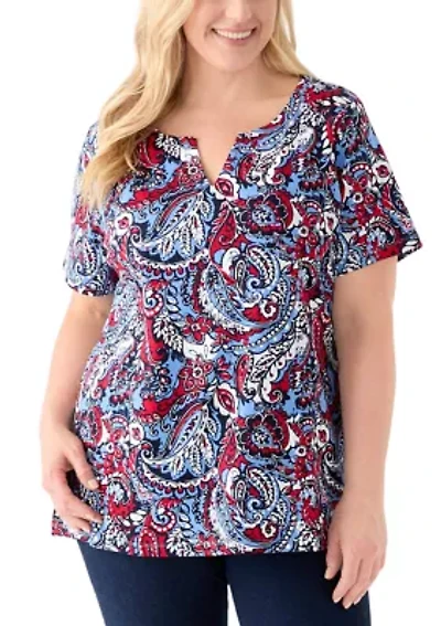 Plus Short Sleeve Split Neck Printed Top