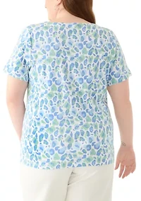 Plus Short Sleeve Split Neck Printed Top