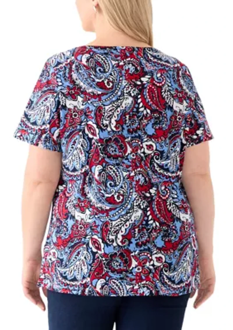 Plus Short Sleeve Split Neck Printed Top
