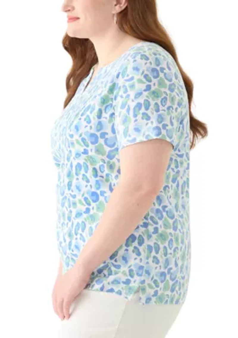 Plus Short Sleeve Split Neck Printed Top