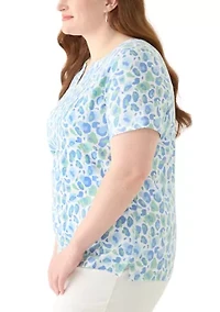 Plus Short Sleeve Split Neck Printed Top