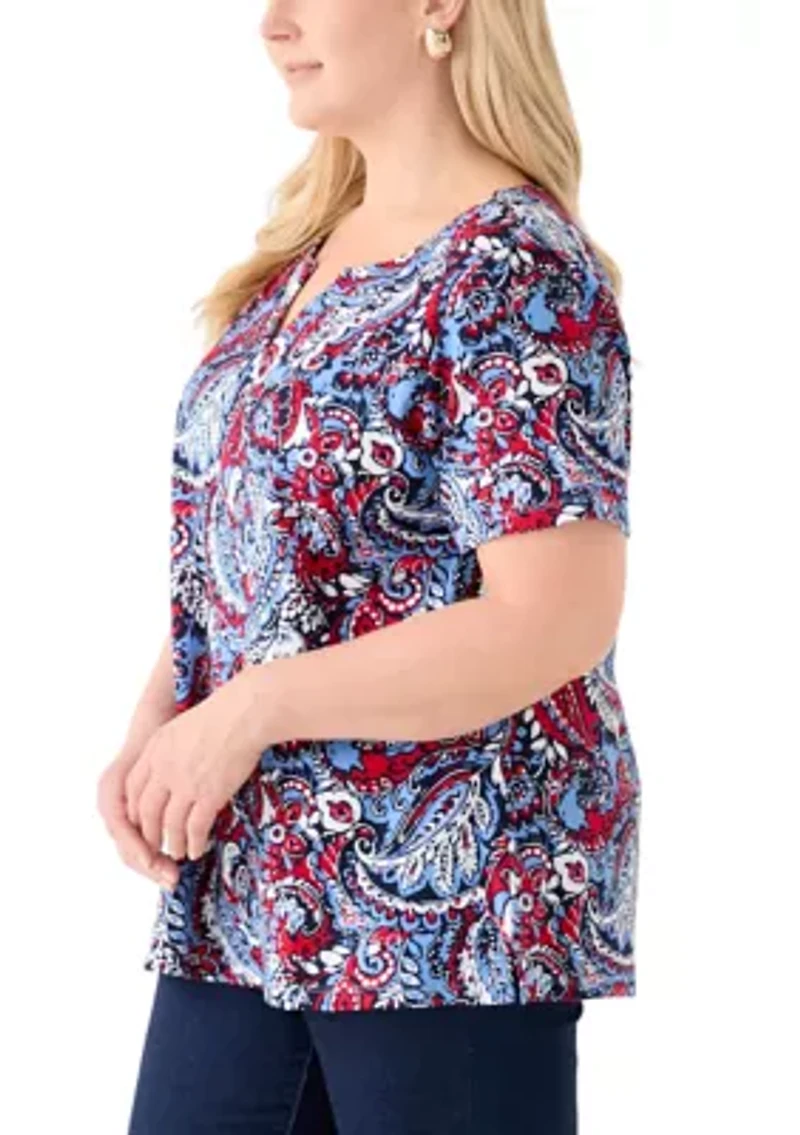 Plus Short Sleeve Split Neck Printed Top