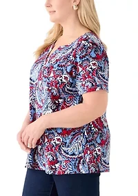 Plus Short Sleeve Split Neck Printed Top